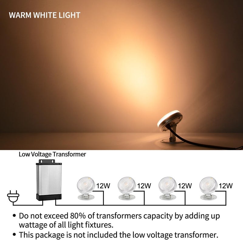 Samvol LED Underwater Pond Light, Heavy Duty Aluminum 12V 3000K Warm White IP68 Waterproof Fountain Light, Landscape Lamp for Swimming Pool, Fountain, Waterfall, Pond and Grass Land (12, Watts) - Image 4